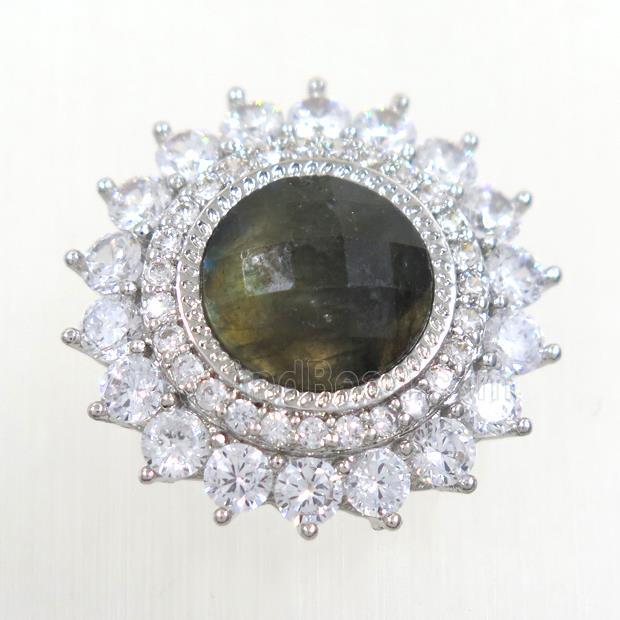 Labradorite sunFlower beads pave zircon, platinum plated
