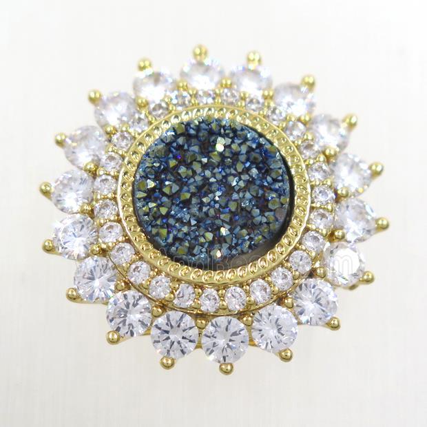 green Druzy Quartz SunFlower beads pave zircon, gold plated