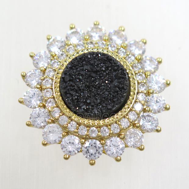 black Druzy Quartz SunFlower beads pave zircon, gold plated