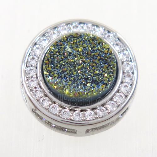 green Druzy Quartz beads pave zircon, flat-round, platinum plated