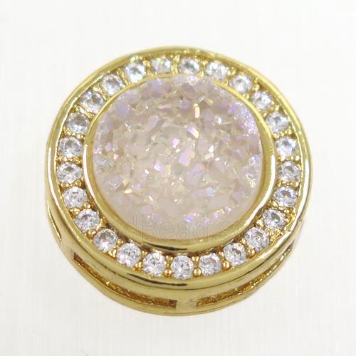 white AB-color Druzy Quartz beads pave zircon, flat-round, gold plated