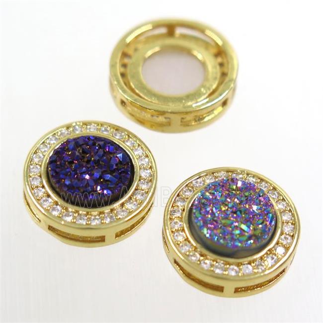 mix color Druzy Quartz beads pave zircon, flat-round, gold plated