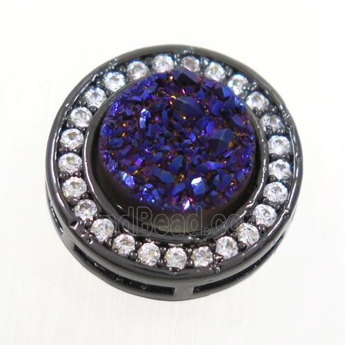 purple Druzy Quartz beads pave zircon, flat-round, black plated