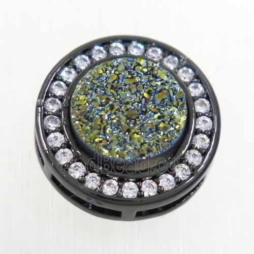 green Druzy Quartz beads pave zircon, flat-round, black plated