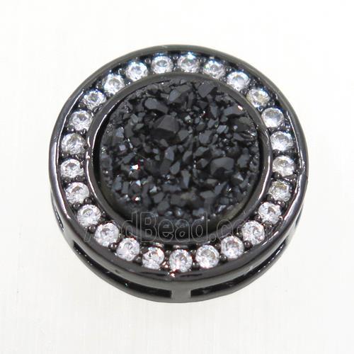 black Druzy Quartz beads pave zircon, flat-round, black plated