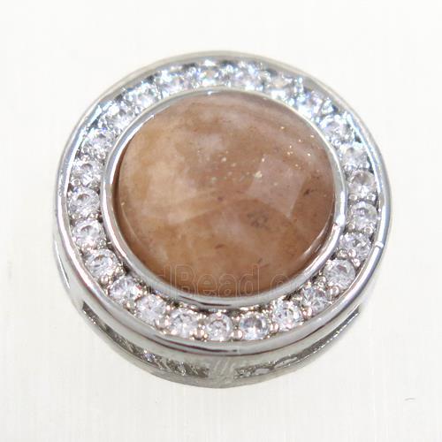 peach MoonStone beads pave zircon, flat-round, platinum plated
