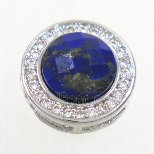 blue Lapis beads pave zircon, flat-round, platinum plated