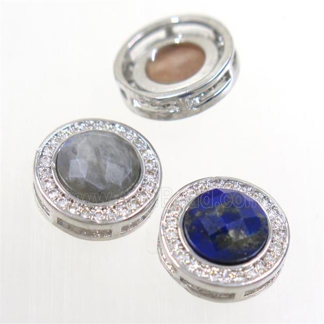 mix gemstone beads pave zircon, flat-round, platinum plated