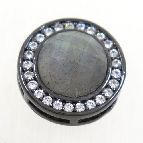 Labradorite beads pave zircon, flat-round, black plated