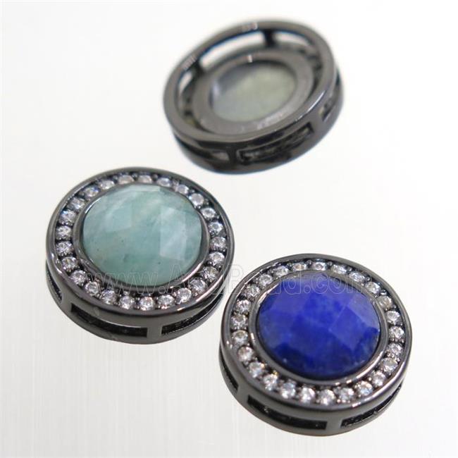 mix gemstone beads pave zircon, flat-round, black plated