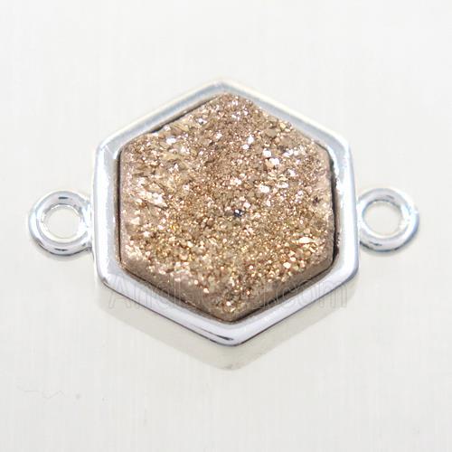 gold champagne Druzy quartz hexagon connector, platinum plated
