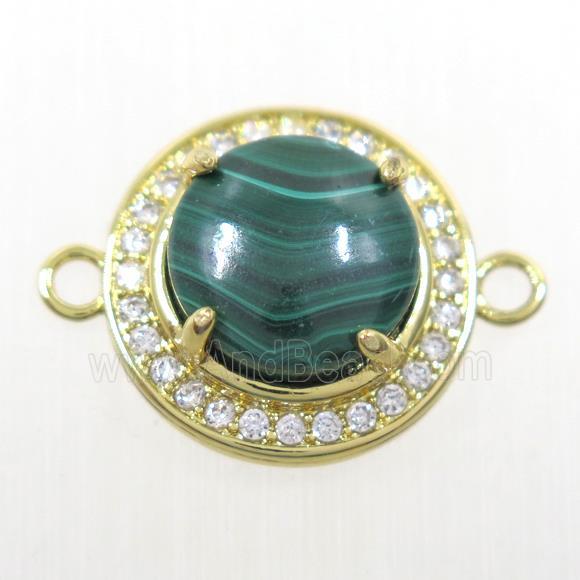 green Malachite connector pave zircon, flat round, gold plated