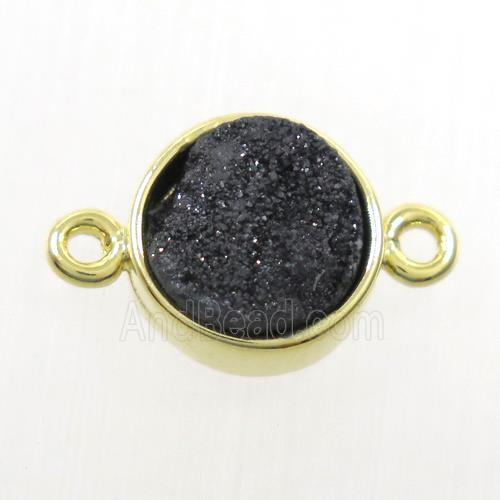 black Druzy agate connector, flat-round, gold plated