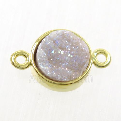 white AB-color Druzy agate connector, flat-round, gold plated