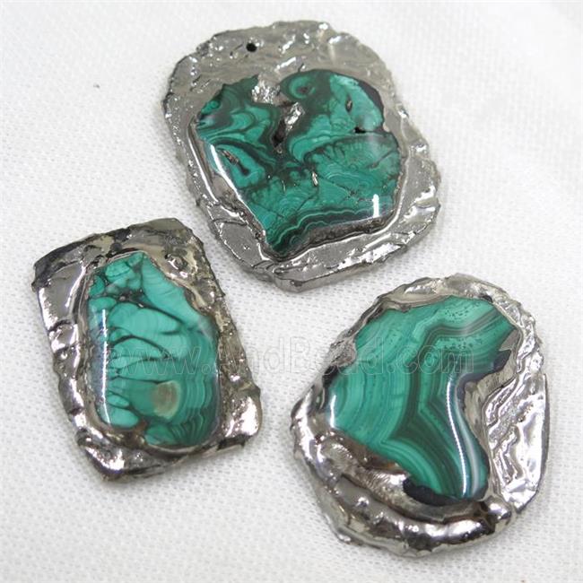 green Malachite pendant, freeform slice, platinum plated