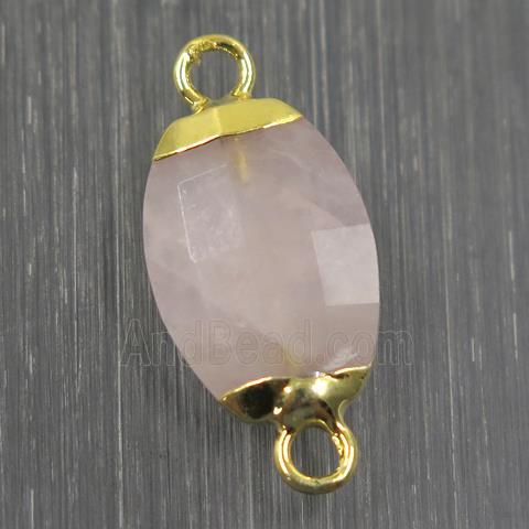 Rose Quartz connector, faceted oval, pink, gold plated