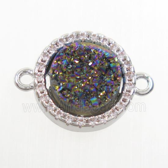rainbow Druzy Quartz connector paved zircon, circle, platinum plated