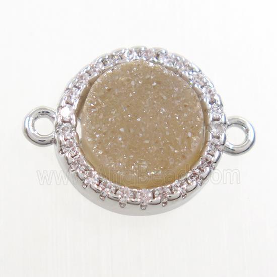 gold champagne Druzy Quartz connector paved zircon, circle, platinum plated