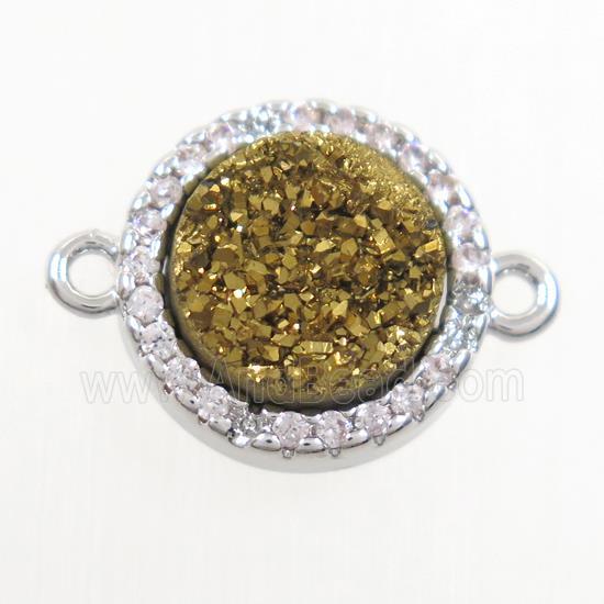 gold Druzy Quartz connector paved zircon, circle, platinum plated