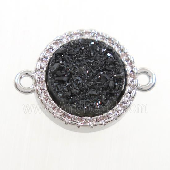 black Druzy Quartz connector paved zircon, circle, platinum plated