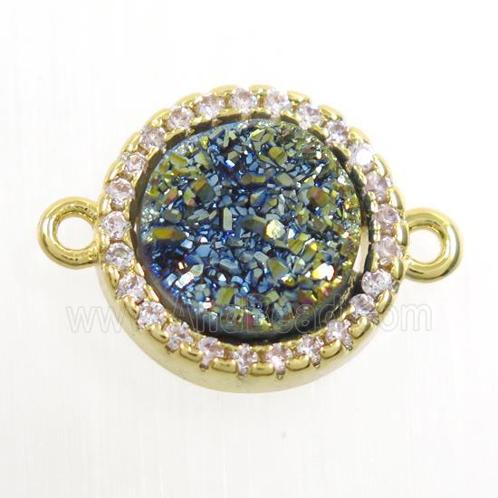 green Druzy Quartz connector paved zircon, circle, gold plated