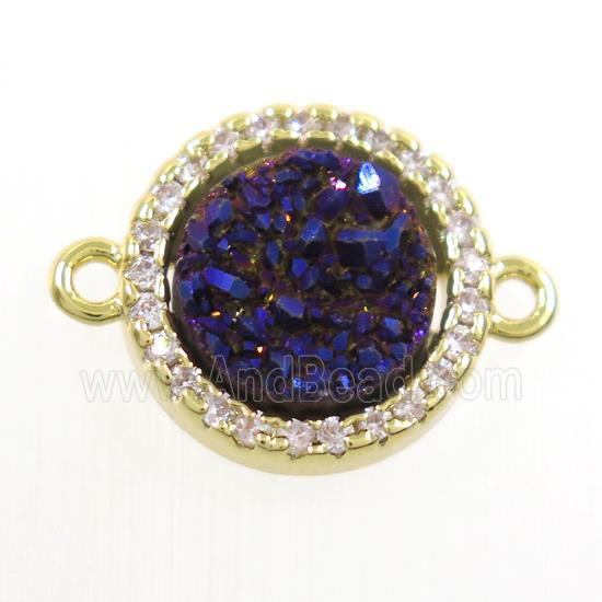 purple Druzy Quartz connector paved zircon, circle, gold plated