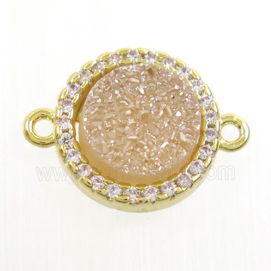 gold champagne Druzy Quartz connector paved zircon, circle, gold plated