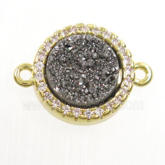 silver Druzy Quartz connector paved zircon, circle, gold plated