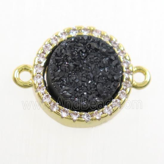 black Druzy Quartz connector paved zircon, circle, gold plated
