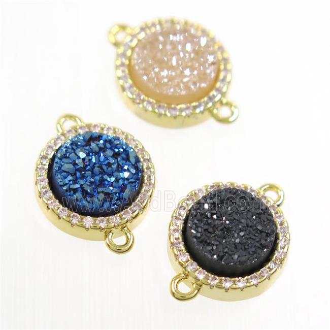 mixed color Druzy Quartz connector paved zircon, circle, gold plated