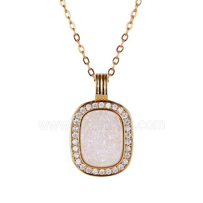 white AB-color Druzy Agate necklace pave zircon, copper, 24k gold plated