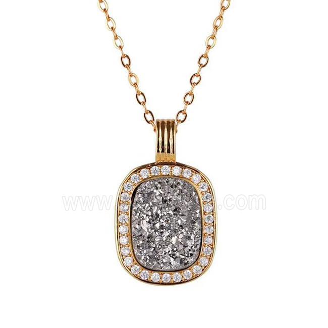 silver Druzy Agate necklace pave zircon, copper, 24k gold plated