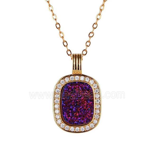 purple Druzy Agate necklace pave zircon, copper, 24k gold plated