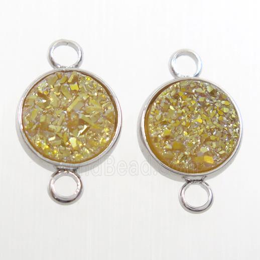 yellow Druzy Resin connector, circle, platinum plated