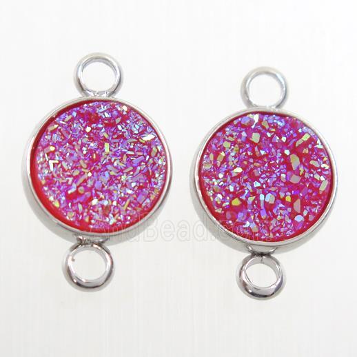 hotpink Druzy Resin connector, circle, platinum plated
