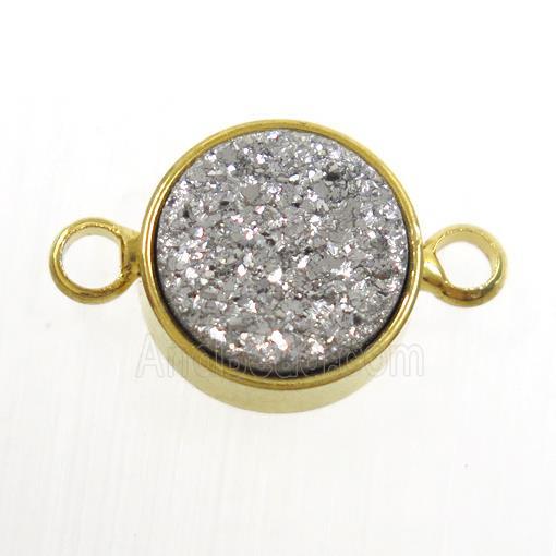 silver Druzy Resin connector, circle, gold plated