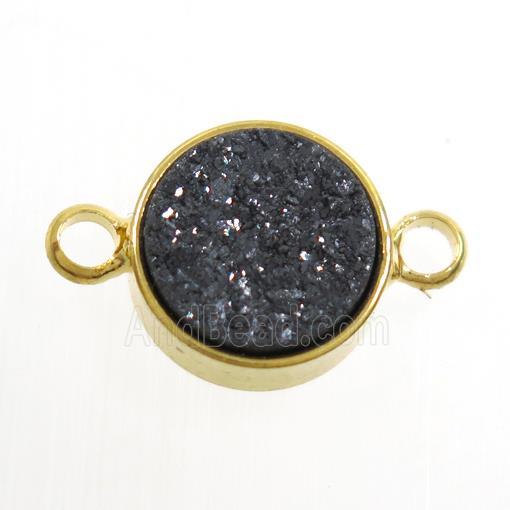 black Druzy Resin connector, circle, gold plated