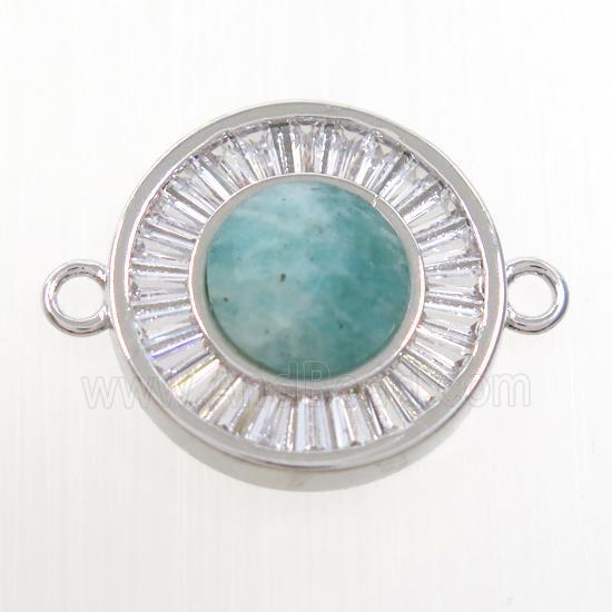 green Amazonite circle connector pave zircon, brass, platinum plated
