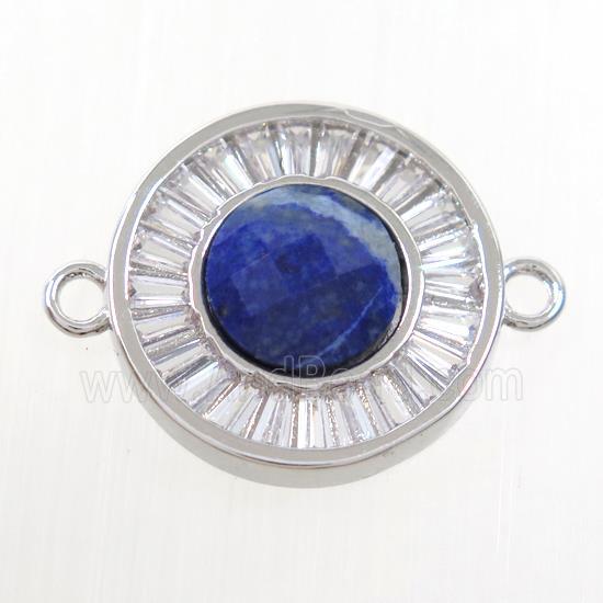 blue Lapis circle connector pave zircon, brass, platinum plated