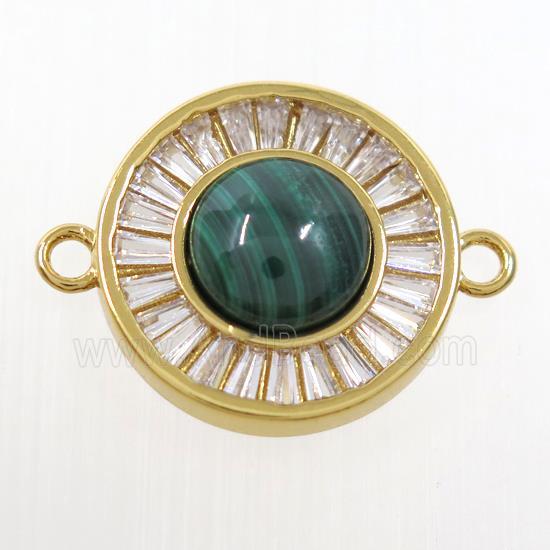 green Malachite circle connector pave zircon, brass, gold plated