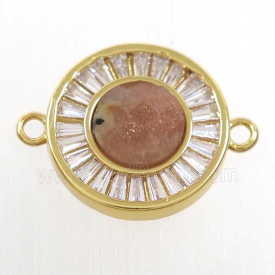 peach MoonStone circle connector pave zircon, brass, gold plated