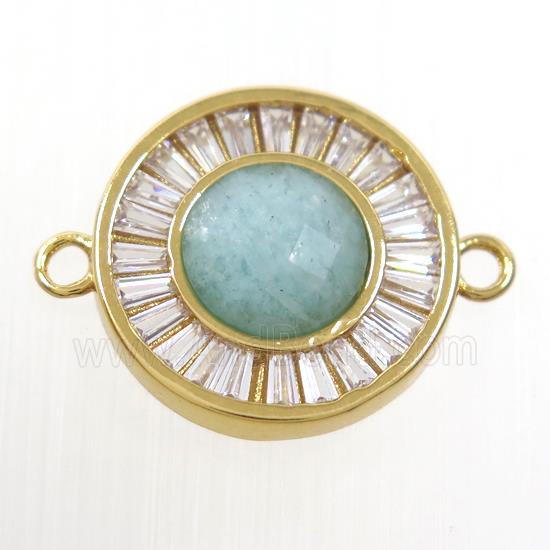 green Amazonite circle connector pave zircon, brass, gold plated