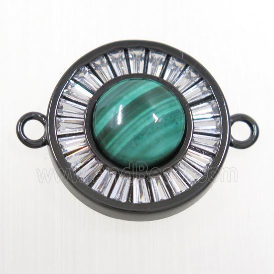 green Malachite circle connector pave zircon, brass, black plated