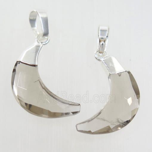Smoky Quartz crescent pendant, faceted moon, silver plated