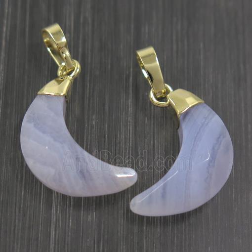 Blue Lace Agate crescent pendant, faceted moon, gold plated