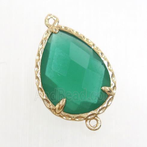 green glass connector, faceted teardrop, gold plated