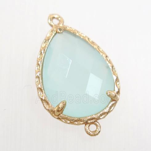 whitegreen glass connector, faceted teardrop, gold plated