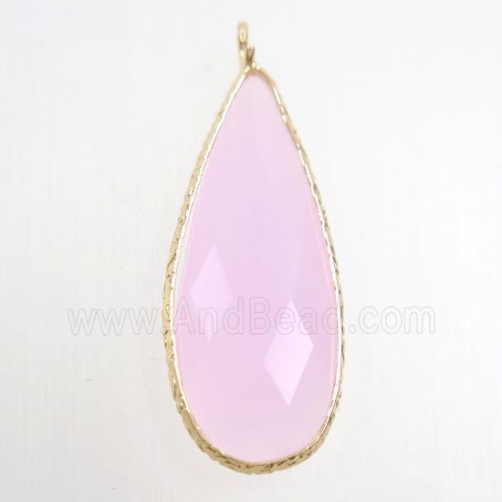 pink crystal glass pendant, teardrop, gold plated
