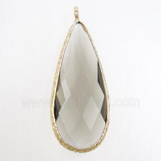 smoky crystal glass pendant, teardrop, gold plated