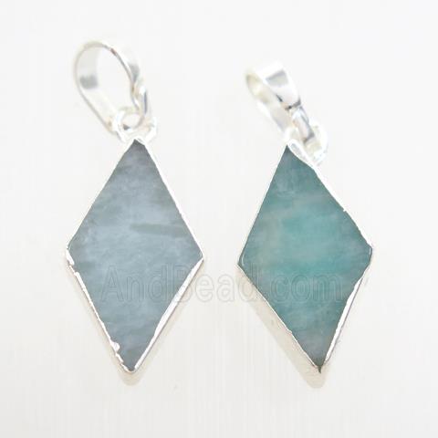 green Amazonite rhombic pendant, silver plated